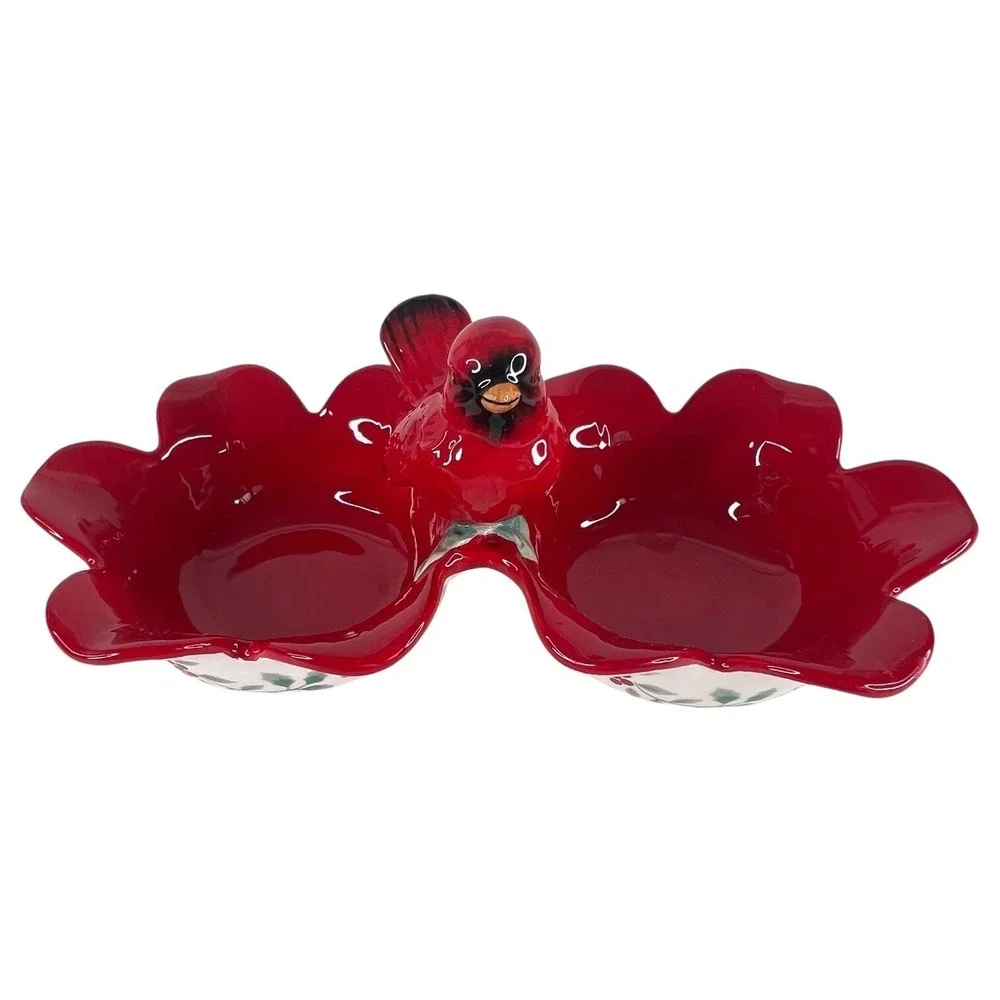 Pfaltzgraff‎ Winterberry 2 Section Cardinal Server Bowl Snack Candy Dish Xmas